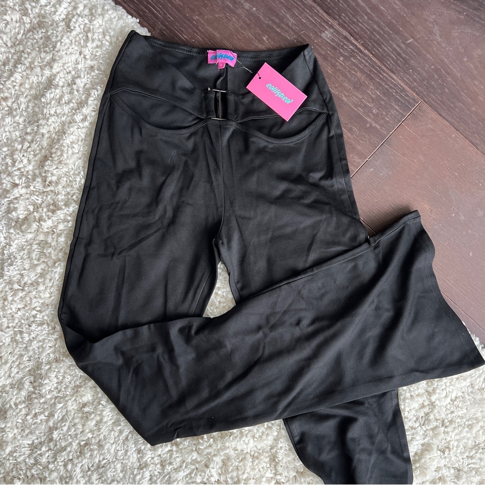 Edikted Soph Buckled Mid-Rise Cut Out Flare Pants - Black